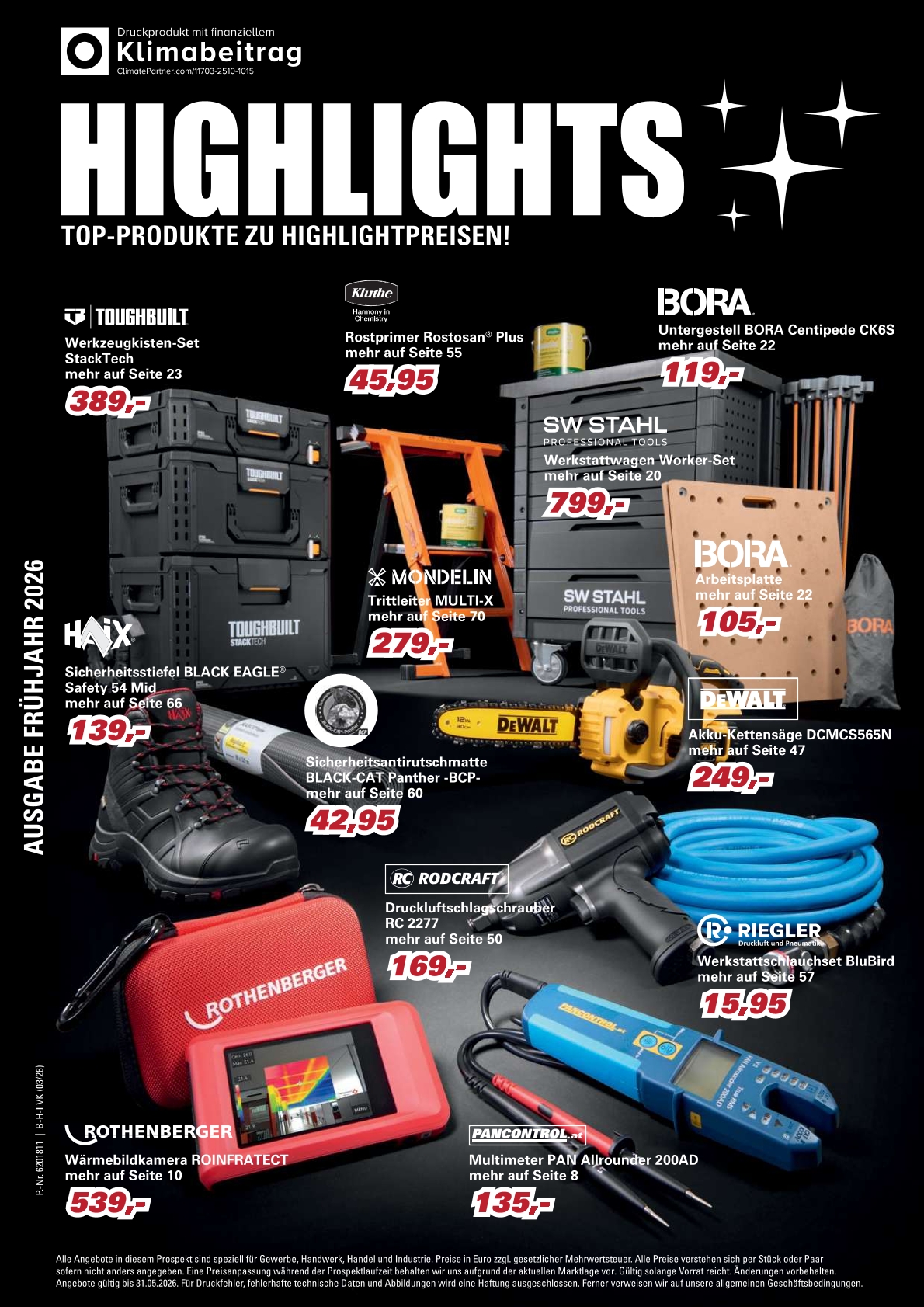 Prospekt mit Angeboten rund um Betriebsbedarf, Werkstattbedarf und Lagereinrichtung.